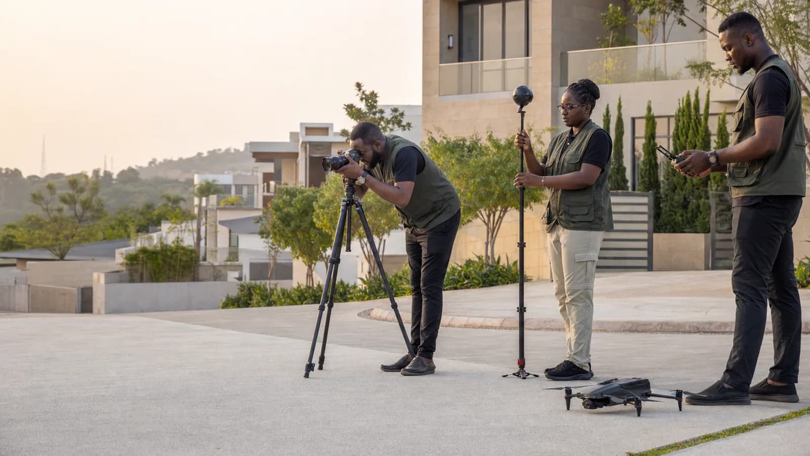 Illustrative Nigerian property-media crew operating a camera, 360-degree camera and grounded drone at an Abuja residence