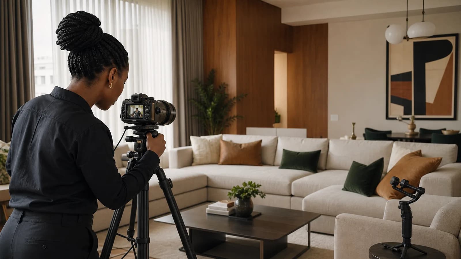 Illustrative Nigerian property photographer composing an interior image with a professional camera and tripod